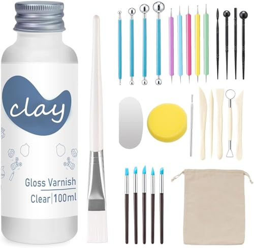 Kit de 29 Herramientas Arcilla Secado al Aire con Barniz Arcilla, Barniz Ceramica de Alto Brillo, Resistente a Rayones e Impermeable, Kit de Herramientas Ceramica para Esculpir, Modelar (brillante)