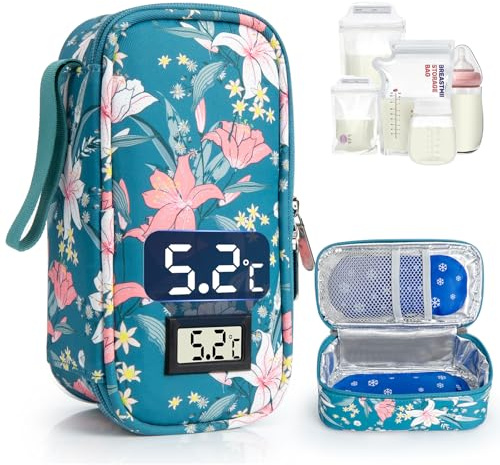WIBOND Breast Milk Cooler Travel Bag, Real-Time Temperature Display, Holds 4-6 Breastmilk Storage Bag with 2 Breast Milk Ice Pack, Cooling & Waterproof Portable Cooler for Moms on The Go (Lily)