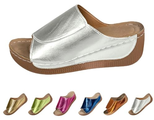 Dam Sommar Ortopediska Läder Anatomiska Sandaler Kiltofflor Bekväma Hem Elegant Lättvikts Fascites Sandaler Öppen Mode Halkfri Bågstöd Sandal Strand Hav 2025, W Silver, 38 EU