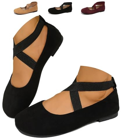 ZPLMIDE Ballerine da donna con cinturino incrociato e zeppa, ballerine da donna elastiche alla caviglia, con cinturino incrociato, punta rotonda, ballerine per lavoro quotidiano, Nero , 38 EU