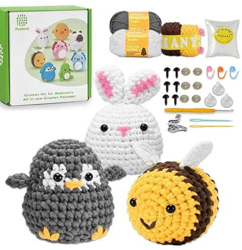Crochet Kit for Beginners, Cat Crochet Animal Kit, Crochet Starter Kit Step-by-Step Video Tutorials, Beginner Crochet Kit for Adults, Cosplay Animal Knitting Kit Rabbit Bee Penguin Crochet Kit (B)