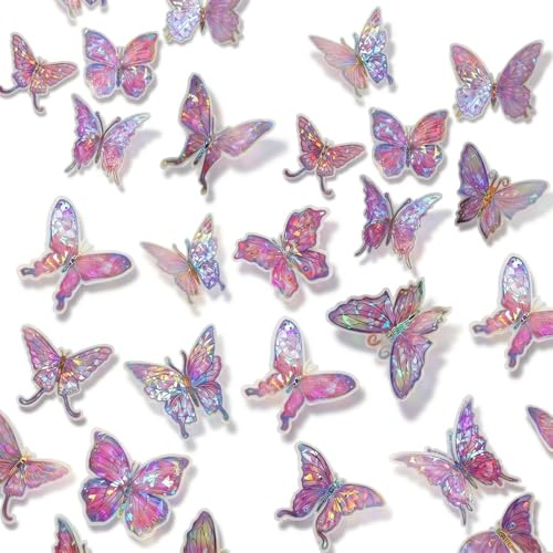 50 Stück Wasserfest 3D Schmetterlinge Sticker Holografische Glitzer-Schmetterlings-Aufkleber 3D Schmetterlinge Deko Wandtattoo Klebstoff Schmetterlingsaufkleber für Scrapbooking Journaling Heimdeko