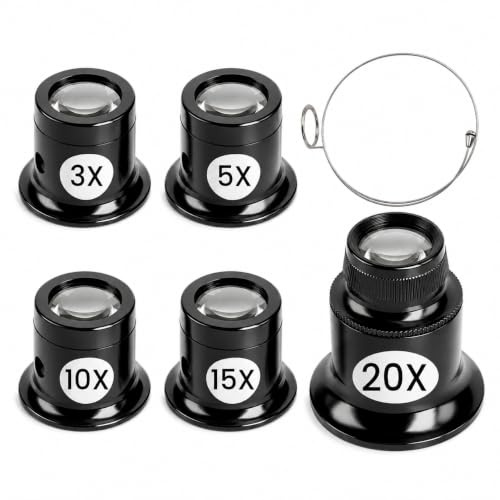 5 Pièces Loupes de Bijoutier Kits 3X 5X 10X 15X 20X Loupe Horloger | avec Porte Fil,Jewelers Loupes d'Horloger de Différentes Forces pour Montre Horloge Bijoux Timbres et Réparation de Précision