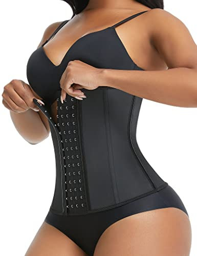 FeelinGirl Waist Trainer Damen Korsett mit 4 Reihen Haken Bauchweg Taillenmieder aus Latex Unterbrust Korsage mit 9 Stahlknochen Schwarz XL