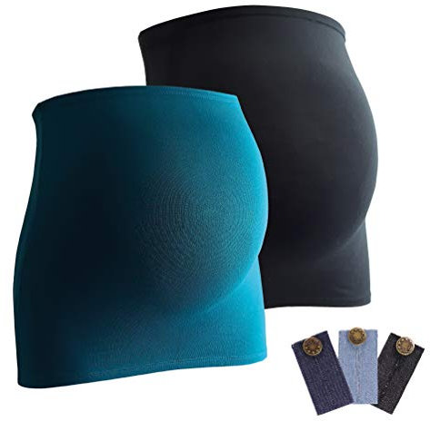 mama band Schwangerschaft Bauchband für die Babykugel im Doppelpack – Rückenwärmer und Shirtverlängerung für Schwangere – Elastische Umstandsmode Schwarz/Petrol 42-48