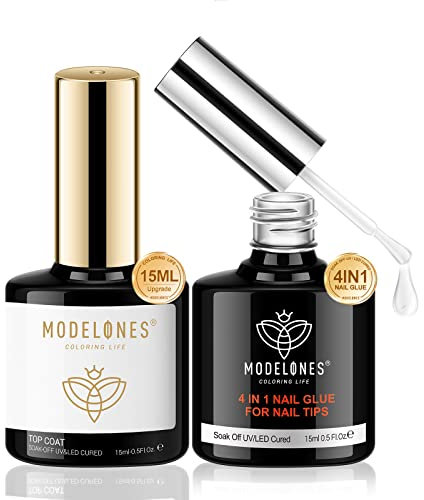 modelones 15ml Gel Top Coat with 4 in 1 Super Strong Nail Glue, No Wipe High Glossy Polish, Extra Glue for False Tips, Acrylic Nails& Press On Nails, Curing Needed, Pack Of 2