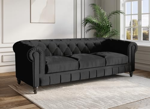 DecoInParis Canapé Fixe 3 Places Velours Noir Chesterfield