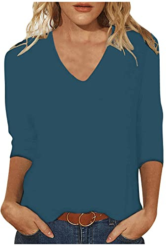Haut à manches 3/4 pour femme - Couleur unie - Col en V - Manches trois-quarts - T-shirt d'été - Pour les vacances, les loisirs, la course, les adolescentes, les filles, les streetwear