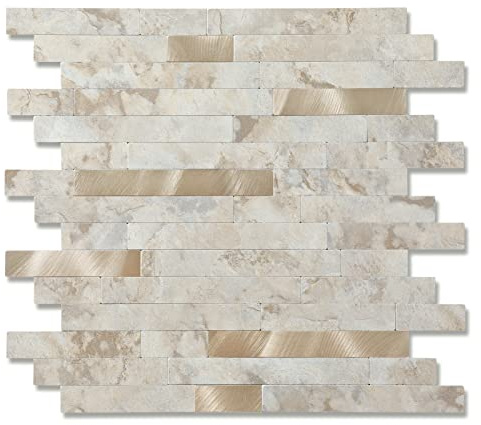 Yipscazo 10 fogli di piastrelle adesive in pietra metallica per paraschizzi, per cucina, bagno, lavanderia, camper, camino (30,5 x 30,5 cm, ecru)