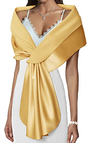 Atigy Satin Châle Mariage Boléro Châles Mariée Élégant Fête Cérémonie Châles Étoles pour Femmes Robes de Soirée (S, Doré)