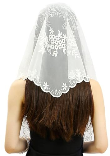 RUNRAYAY Iglesia Católica Blanca Mantilla velo, vieja cabeza de la misa cristiana latina cubierta con el velo de las mujeres de la iglesia de la métrica española, estilo 4