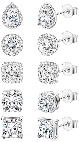 5 Pairs Cubic Zirconia Silver Stud Earrings for Women,14K Small Gold Plated Tiny Stud Earrings Set for Multiple Piercing Cartilage Hypoallergenic Earrings For Men