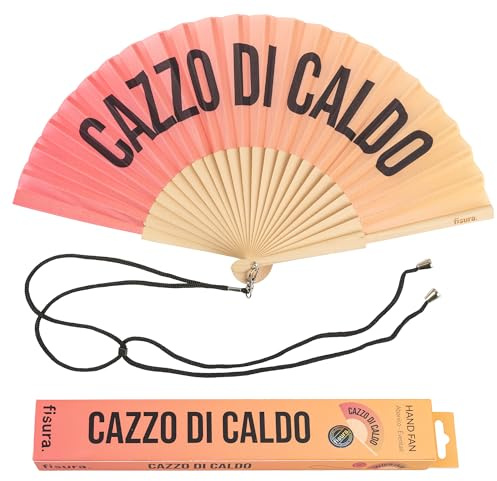 Fisura – Ventaglio originale con messaggio “Cazz* di caldo”. Ventaglio in legno moderno e divertente. In toni rossi. Con cordino. Dimensioni: 42,5 x 23 cm.