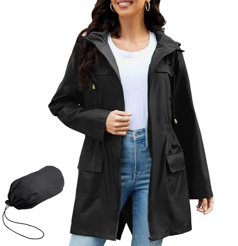 PONCEAU Women Waterproof Jacket - Ladies Lightweight Waterproof Jacket Rain Coats for Women Outdoor Packable Waterproof Jacket with Hood Breathable Functional Windbreaker Raincoat