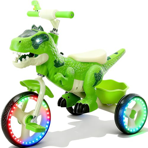 NMM Dinosaur Tricycle for Kids 2-6, Big Wheel, Music, LED, Horn, Green