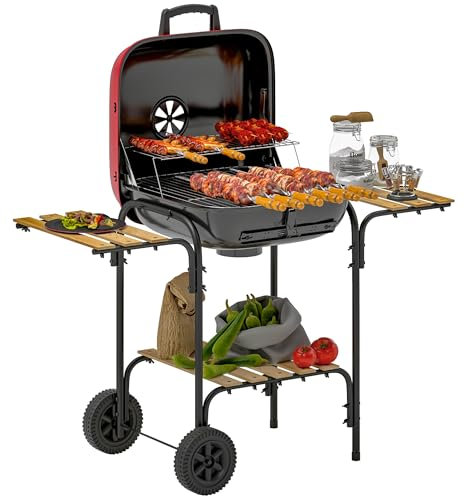 Outsunny Barbecue au charbon de bois portable avec surface de cuisson de 1840 cm², 3 étagères, grille d'aération réglable, couvercle verrouillable, roues pour cuisine en plein air, fête de jardin