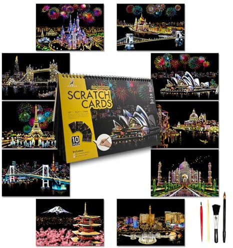 SiYear Lot de 10 feuilles de papier de peinture à gratter pour adultes et enfants, série monument, scène de nuit, tableau à gratter, cadeau créatif, gravure en aluminium avec 4 outils (City-A4)