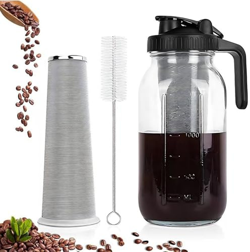 diceevil Cafetera para preparar café frío, Filtro de Acero Inoxidable y Cepillo de Limpieza, Cafetera Fria con Tapa Hermética para café Frio o té