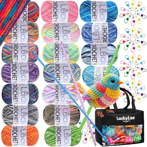 Crochet Yarn (18X25g, 4-Ply), Multicoloured Acrylic Wool Double Knitting Wool, Crochet Wool with Carry Bag, Aluminum Crochet Hooks Stitch Markers, Ombre Color Yarn for DIY Craft Blankets Socks Dolls