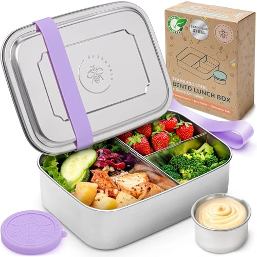 Everusely - Bento Box - Lavender - 1,8 L - Lunch box extra grande in acciaio inox con contenitore per salse a tenuta stagna - Contenitore snack a 3 scomparti