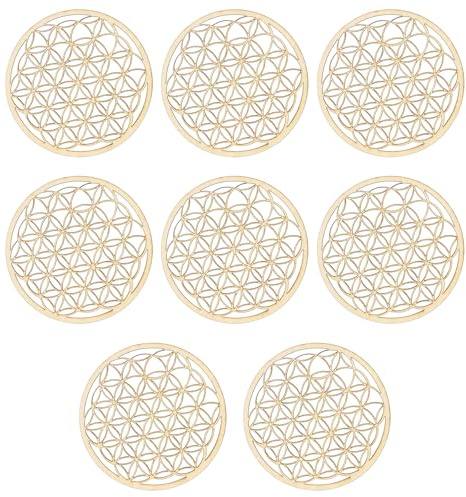 Culinavog Set de 8 Posavasos de Madera Flor de la Vida – 10 x 10 cm – Posavasos Madera, Diseño Espiritual para Meditación, Bebidas y Decoración