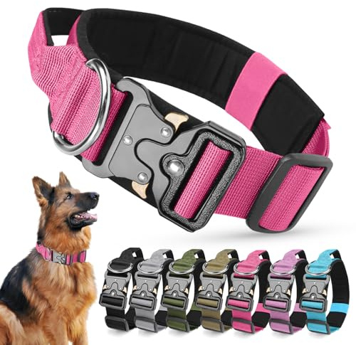 Ledeak Collar Táctico Perro con Mango de Control, Ajustable Resistente Collares para Perros con Hebilla de Metal, Collar Perro de Polipropileno Acolchado (Rojo Rosa, L)