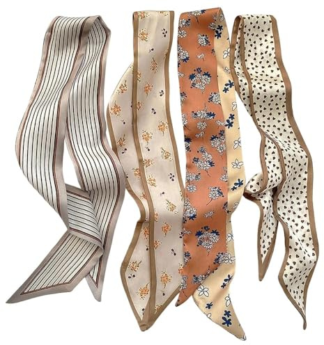 4PCS Women's Hair Scarf Set, Elegant Satin Silk-Feel Bandana Neckerchiefs, Soft Lightweight Patterned Headbands, Versatile Styling Accessories for Hair Neck Handbag, Everyday Fashion Collection