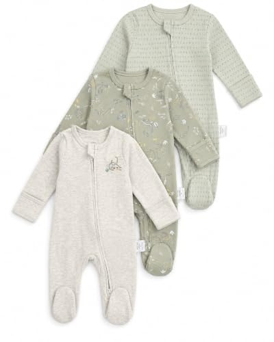 JiAmy Baby Boys Girls Cotton Sleepsuits 3 Pack, Zip-Up Babygrow with Footed and Fold-Over Mittens for Newborn Dark Green 0 Months