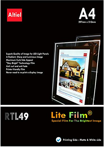 RTL49 - A4 x 50 Sheets of Back Lite Film for Any Inkjet & Laser Printers or Laser Copiers. Back lit Paper Sheet for LED Pocket Displays or LED Lightboxes. Backlit Film for LED Window Displays.