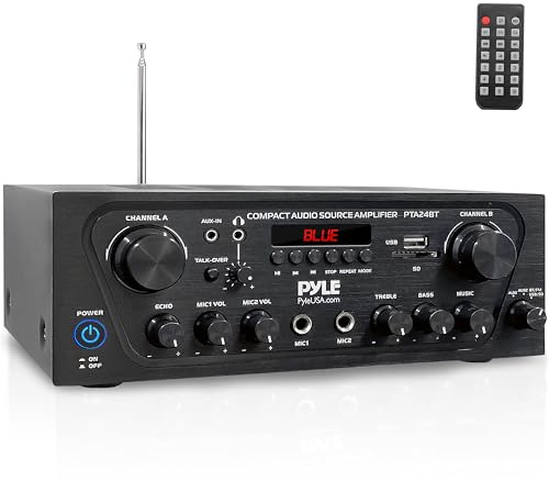 Pyle 2-Channel Bluetooth Home Stereo Amplifier - 250W Wireless Audio Receiver, Karaoke Optimized: Dual Mic In with Echo, Mic Talk-Over, FM Radio, USB-A MP3 Player, RCA, AUX, Remote Ctrl - PTA24BT