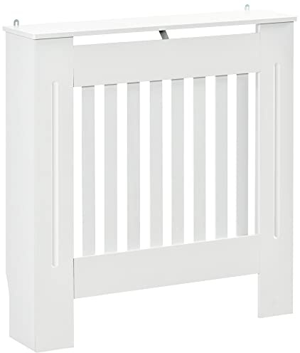 HOMCOM Copritermosifone in Legno Bianco per Caloriferi e Radiatori, Copri Termosifone Moderno con Anti-ribaltamento, Doghe e Piano d'Appoggio, 78x19x81cm