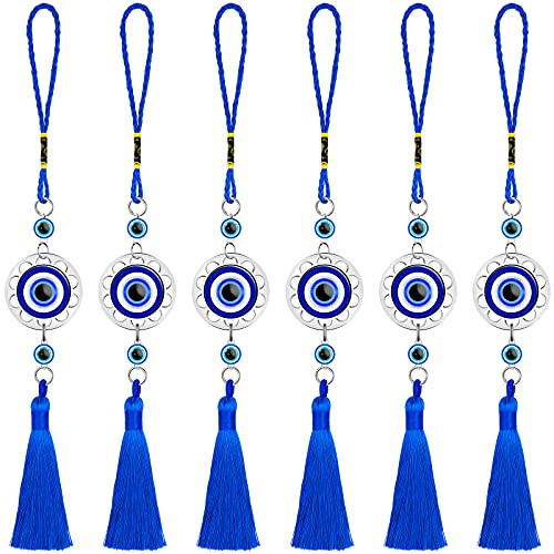 Lucky Evil Eye Car Hanging Ornament Blue Resin Evil Eye Beads Charm Pendant Tassel Rear View Mirror Hanging Accessories Protection Pedant Charms for Car Home Decors(6 Pieces)