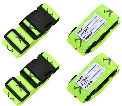 Koffergurt 4-Stück Kofferband Koffer Gepäckgurte mit Feste Schnalle & Namensschild, Gurt Verstellbare für 20-34 Zoll Koffer -Green/Green