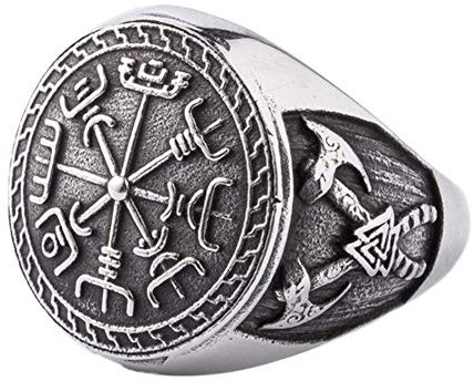 Nordic Viking Kompass Vegvisir Ring, Män Rostfritt Stål Dubbel Yxa Valknut Ringar, Handgjorda Vintage Skandinaviska Odin Symbol Amulett Smycken(07)