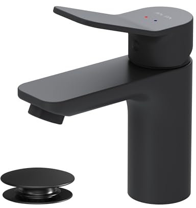 AM.PM X-Joy - Wassersparende Einhebel-Waschtischarmatur, kratzfester Wasserhahn, leicht zu reinigen, mit Klick- Ablaufgarnitur, Auslaufhöhe 79mm, Schwarz matt