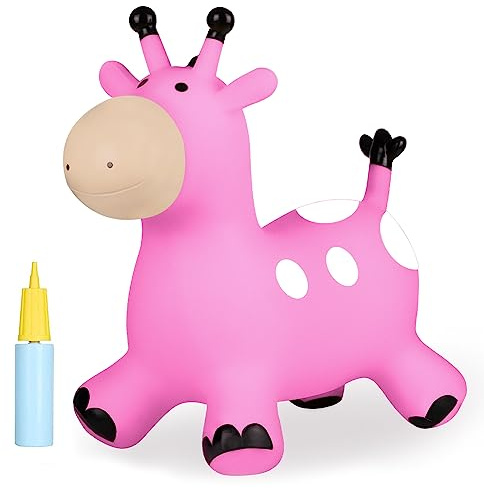 INPANY Giraffe Pink Bouncy Horse Hopper - Toddler Hopping Toys, Inflatable Animal Hopper, Jumping Horse, Outdoor Indoor Ride on Rubber Bouncer, Birthday Gift for 2 3 4 Year Old Boy Girl