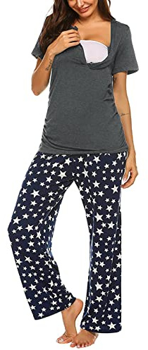 TDEOK T Maternity Sleeve Pants Breastfeeding Shirt Short Set Tops Baby Pajamas And Sleepwear Women Maternity Sleep Christmas Maternity Pajamas for Women (Grey, L)