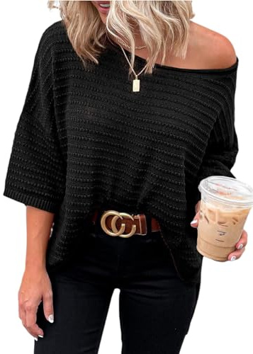 Cuptacc Top Femme Manche Longue Épaules Dénudées Loose Fit Haut Chic et Elegant Noir, Petit S 36