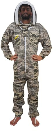 URBANSBEE Tuta Apicoltore Professionale Ventilata con Cappello fantasia, Cappello Integrato e Ampie Tasche - Abbigliamento Protettivo per Apicoltura, Anti-Punture API, Naturale traspirante /Resistente