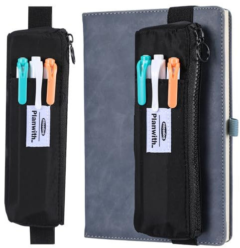 JJUNW Stifthalter Notizbuch, Stifttasche für Notebook, Tragbare Federtasche Verstellbares Elastikband Reißverschluss Stifteetui Wiederverwendbares Stiftschlaufe für Tagebuch Notizbuch Bücher(schwarz)