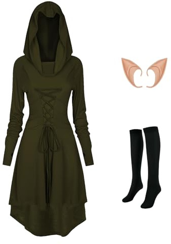 MVFEUIJ Abito gotico da donna, abbigliamento medievale, retrò, con cappuccio e calzini abbinati, abito rinascimentale per Halloween (verde, XL)