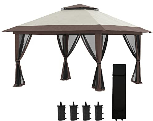 Outsunny Carpa Plegable Pop-up 4x4x2,8 m Cenador de Jardín con Paredes Altura Ajustable Anti-UV Impermeable Doble Techo Mosquiteras y Bolsa de Ruedas Gazebo para Exterior Fiestas Camping Beige