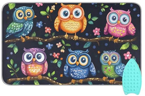 ElliTarr Vibrant Owls Branches Flowers Spring Ironing Mat Portable Ironing Pad Blanket with Silicone Iron Rest for Table Top Travel Heat Resistant Double-Side Using Large 47x28 Inch Foldable