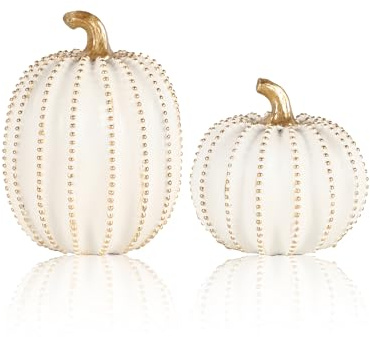 GoGnome Set of 2 White & Gold Decorative Pumpkins – Resin Fall Harvest Table Centerpiece, Elegant Autumn Décor for Thanksgiving Decoration Farmhouse Home (White)