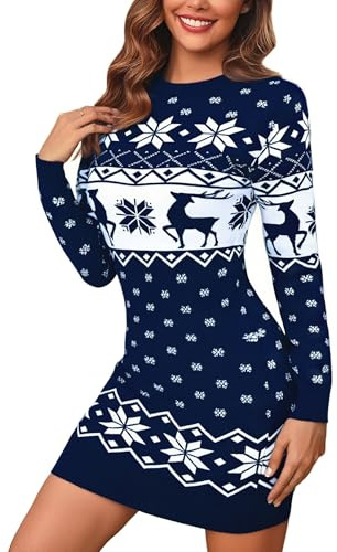 Bresdk Robe Pull Noël Femme Hiver Robe Tricotée à Manches Longues Col Rond Ugly Christmas Sweater Dress Élégante Bleu M