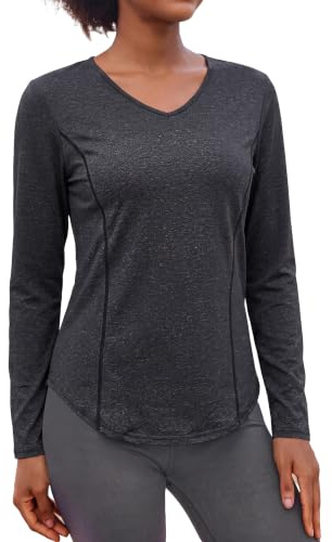 Gyabnw Tee Shirt Sport Femme Col V Manches Longues UPF 50+ | Évacuation de la transpiration, Séchage rapide, Protection UPF 50+, Pour running yoga et fitness