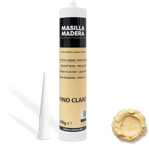 Masilla Madera Pino Claro, Ideal para rellenar y y reparar madera al interior, Masilla lista al uso, Rellenadora de agujeros, Formato cartucho para pistola, Color Pino Claro, Contiene 400 gramos