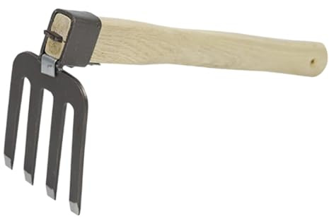 DIYEAH Rastrillo de Jardinería Manual para Exteriores Mango de Madera Ergonómico, 4 Dientes Metálicos para Desherbar y Airear Suelo en Jardín y Huerto, Herramienta Resistente para Plantar y Excavar,