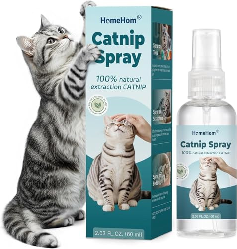 HomeHom Catnip Spray for Cats - Highly Potent for Energizing Play & Toy Renewal, Calming Stress Relief for Indoor Cats, 100% Natural Organic Catnip, Mess-Free Herbal Formula (2 Fl.Oz)