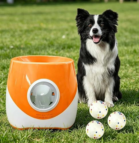 Harmosit Automatic Dog Ball Launcher, Range Up to 45'11, Contains 3 ETPU Balls, Dog Toy Launcher Ball Tossing Machine Bite Resistant for Small and Medium Dogs